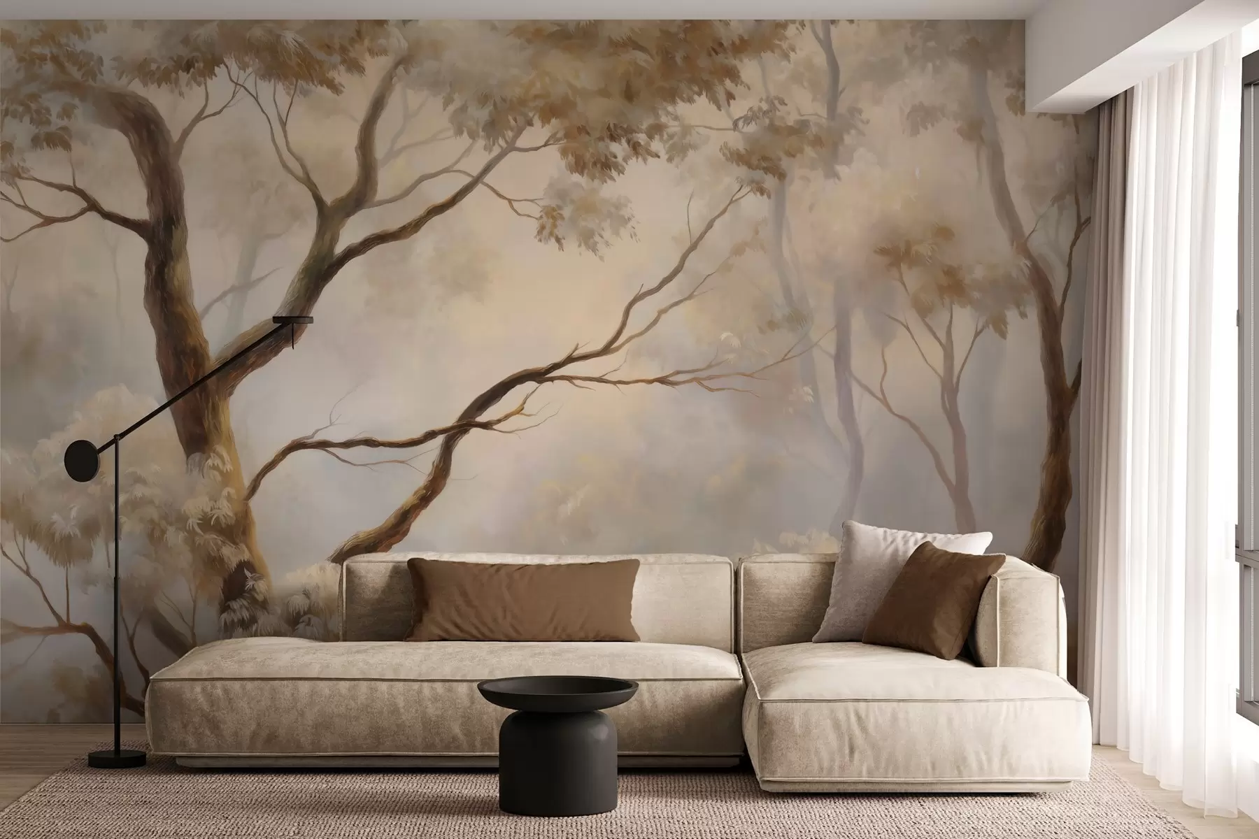 peintures murales La forêt dans la brume légère du matin. Une peinture atmosphérique délicate dans le style d'un paysage artistique w04817