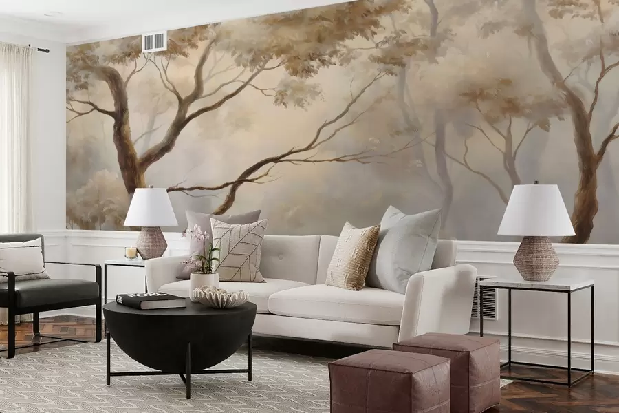 Wall Mural Photo Wallpaper The forest in the light morning mist. A delicate atmospheric painting in the style of an artistic landscape w04817