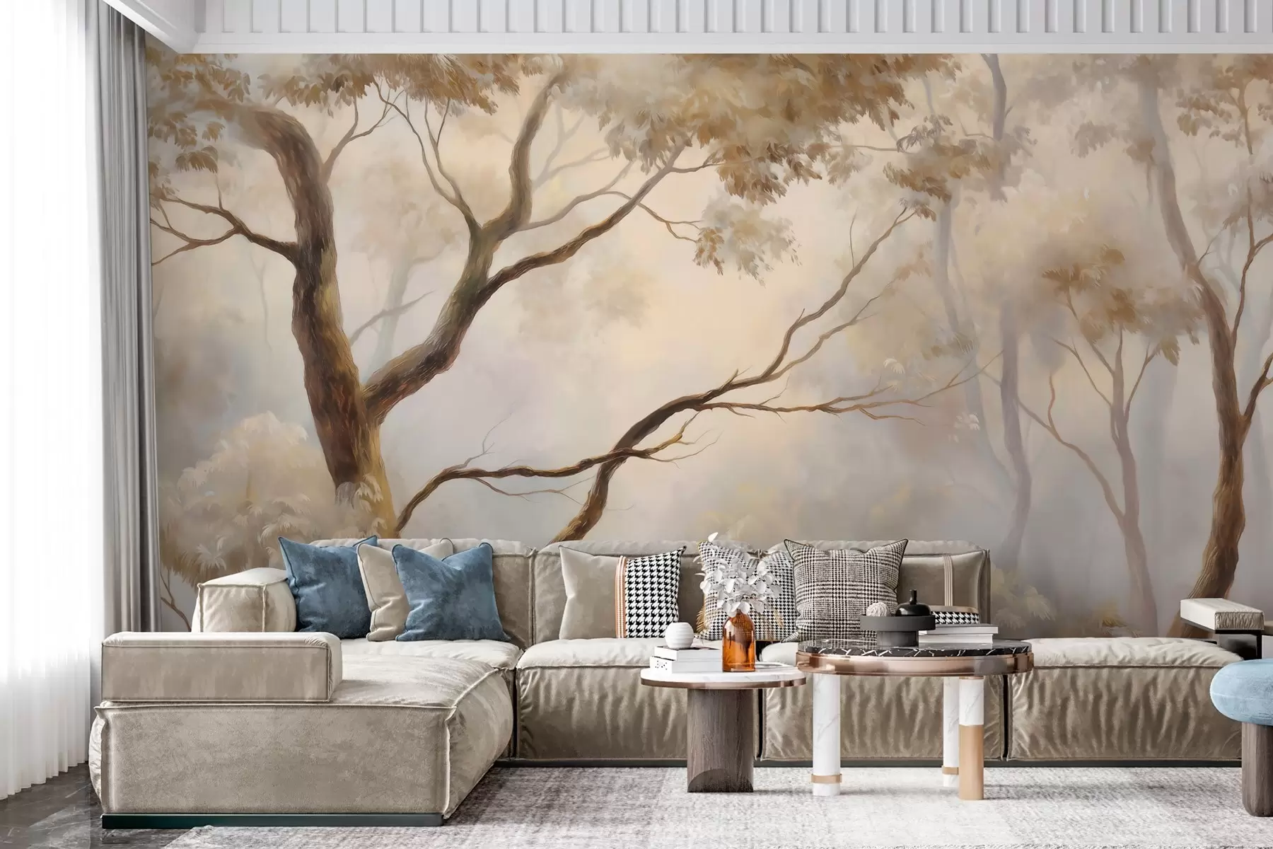 Wall Mural Photo Wallpaper The forest in the light morning mist. A delicate atmospheric painting in the style of an artistic landscape. w04817