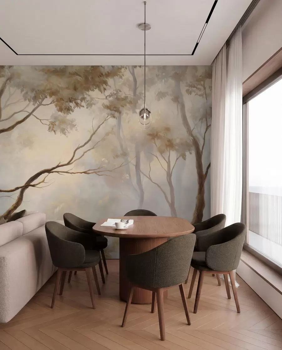 peintures murales La forêt dans la brume légère du matin. Une peinture atmosphérique délicate dans le style d'un paysage artistique w04817