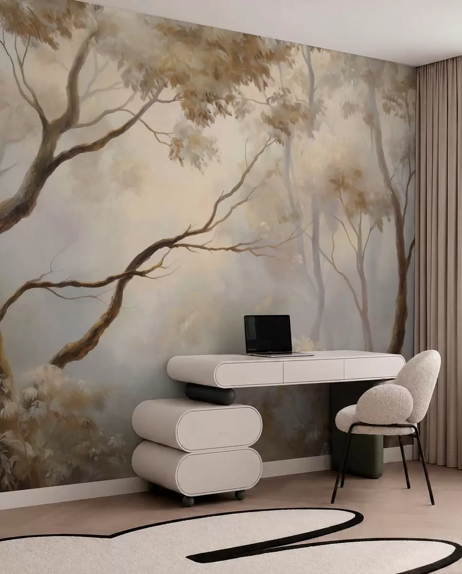 peintures murales La forêt dans la brume légère du matin. Une peinture atmosphérique délicate dans le style d'un paysage artistique w04817