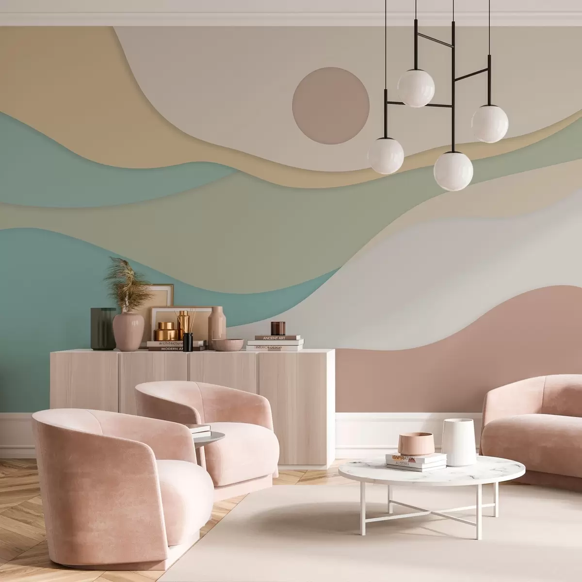 Wall Mural Photo Wallpaper Minimalist abstraction with soft, wave-like forms reminiscent of flowing landscapes and dunes. w04874