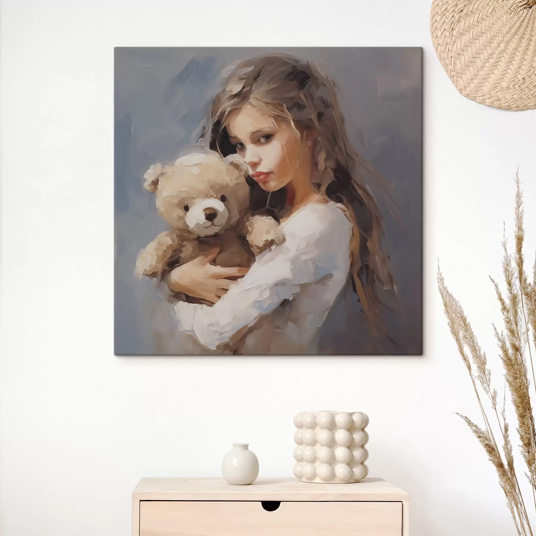 murales Niña con un oso de peluche, pintura de imitación s46746