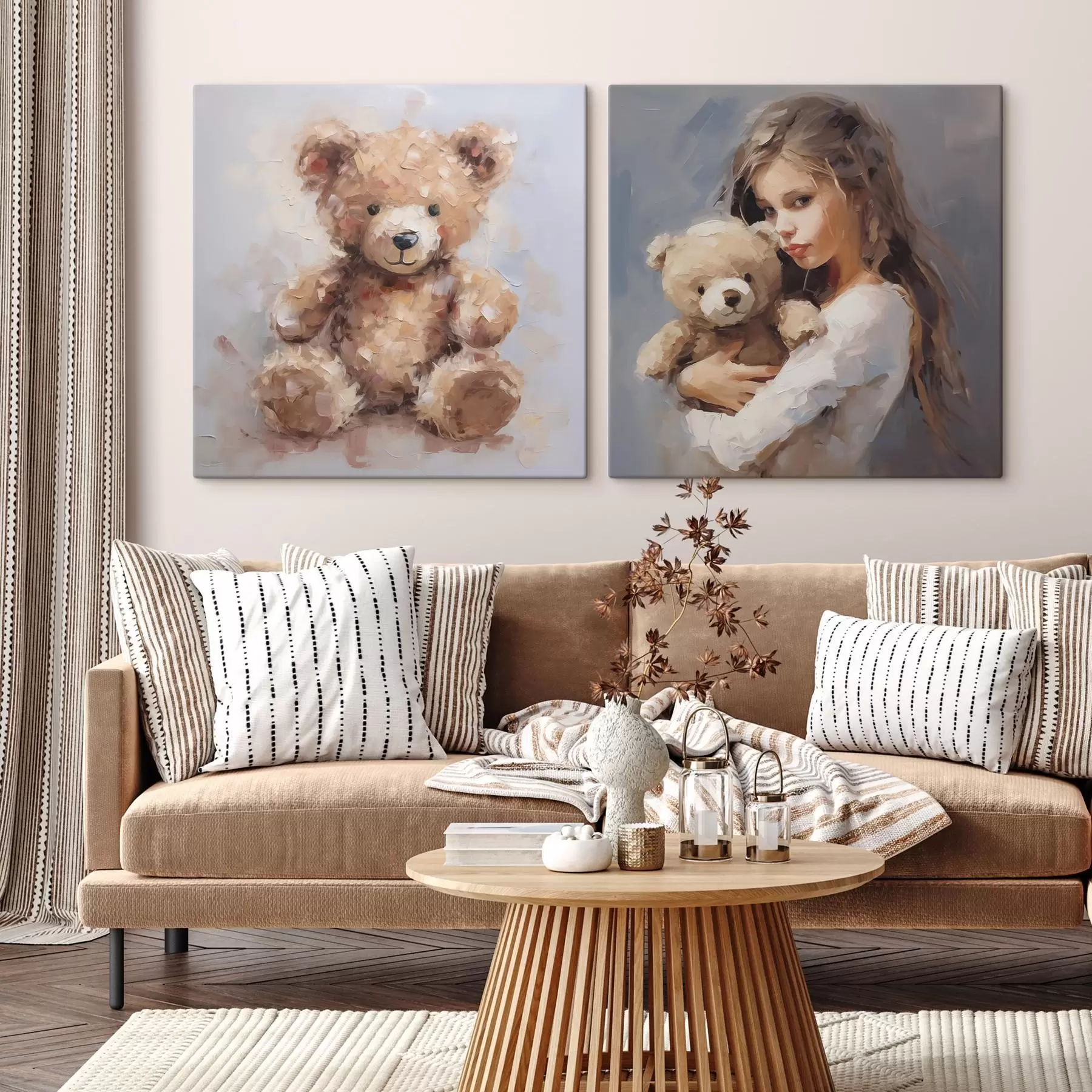 murales Niña con un oso de peluche, pintura de imitación m01029