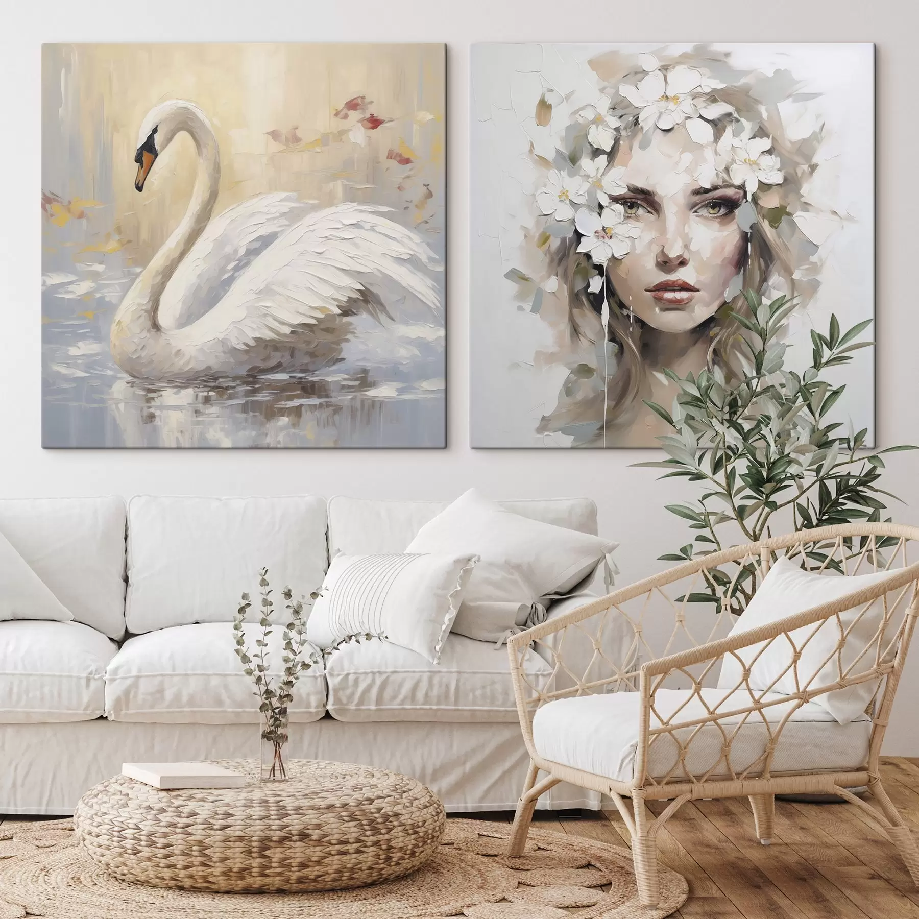 wall murals Swan and portrait of a girl, imitation painting m01030