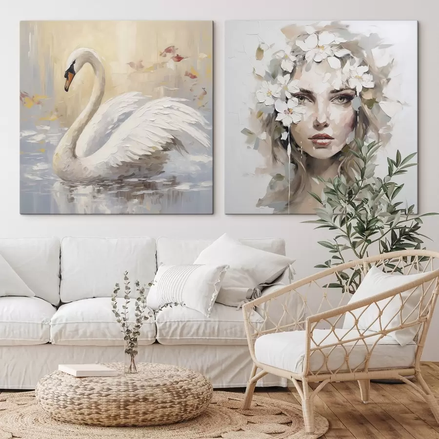 murales Cisne y retrato de una niña, pintura de imitación m01030