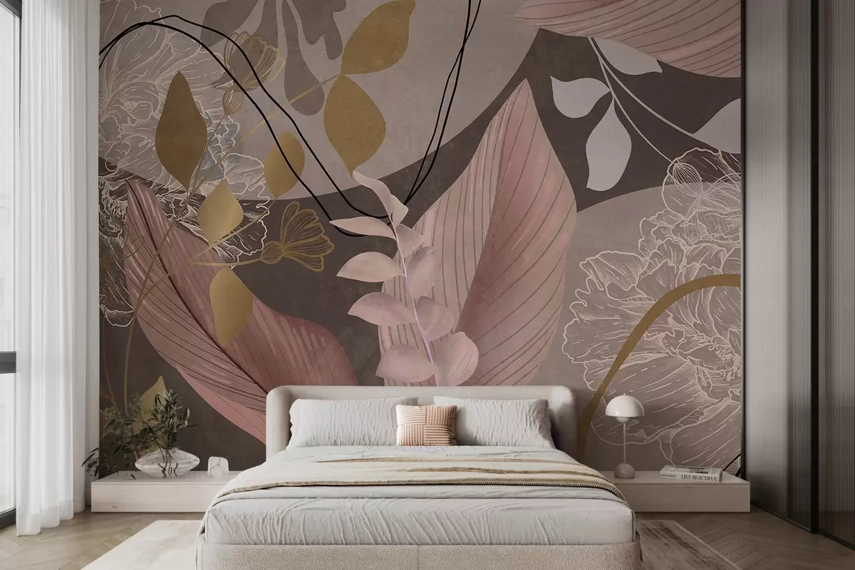 Wall Mural Photo Wallpaper Abstract floral print with large leaves in shades of muted pink and brown with thin black lines and white floral outlines w09544