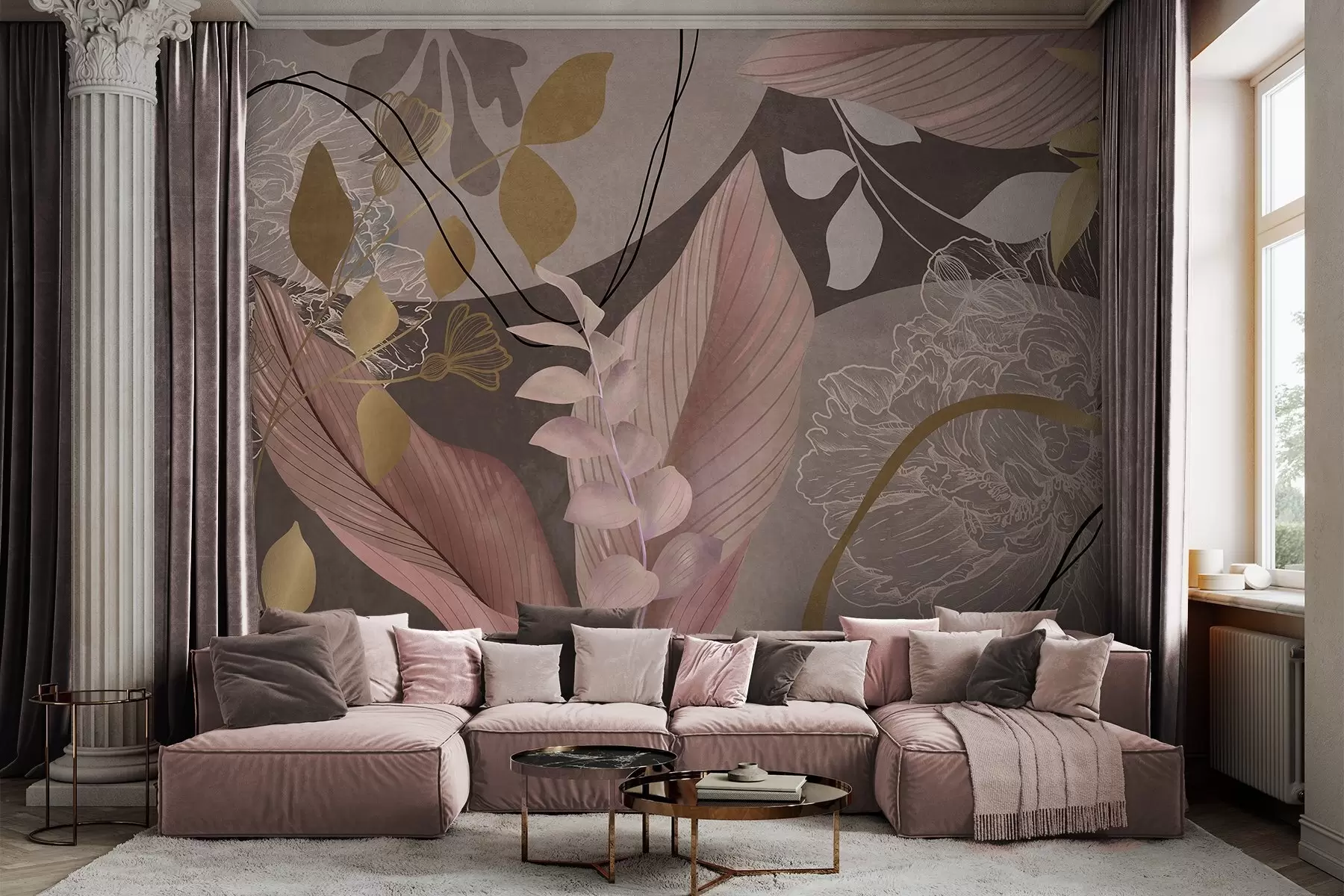 Wall Mural Photo Wallpaper Abstract floral print with large leaves in shades of muted pink and brown with thin black lines and white floral outlines w09544