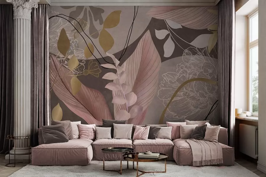 Wall Mural Photo Wallpaper Abstract floral print with large leaves in shades of muted pink and brown with thin black lines and white floral outlines w09544