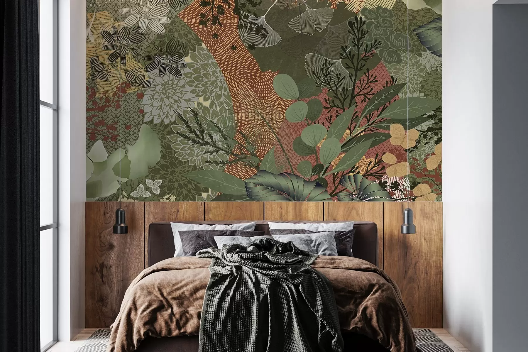 wall murals Abstract textured collage of botanical elements with leaves, flowers, and organic textures, in shades of green, brown w09545
