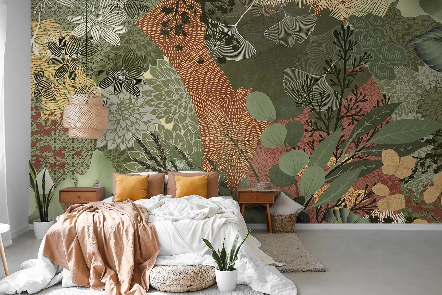 murais de parede Colagem abstrata texturizada de elementos botânicos com folhas, flores e texturas orgânicas, em tons de verde e castanho w09545