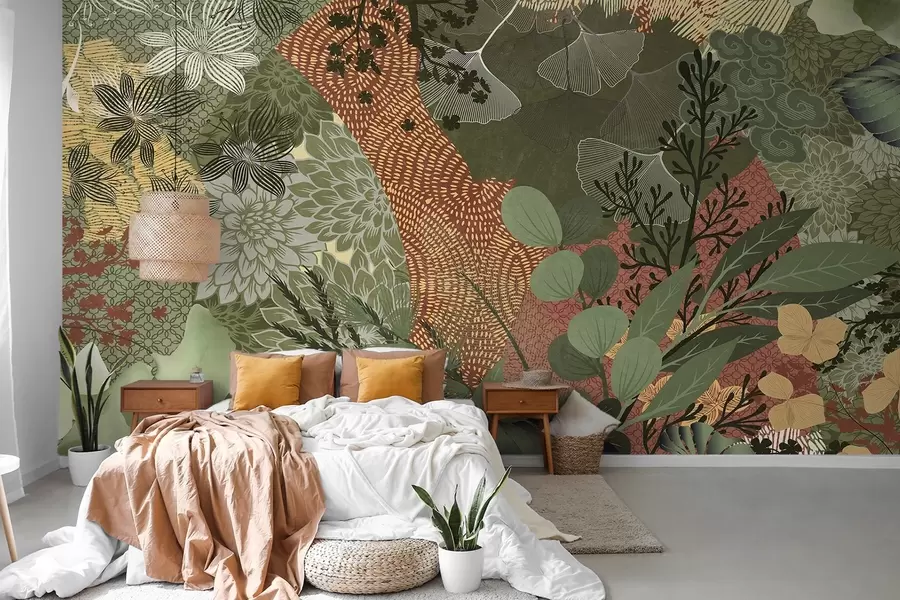 murales Collage abstracto con texturas de elementos botánicos, con hojas, flores y texturas orgánicas, en tonos verdes y marrones w09545