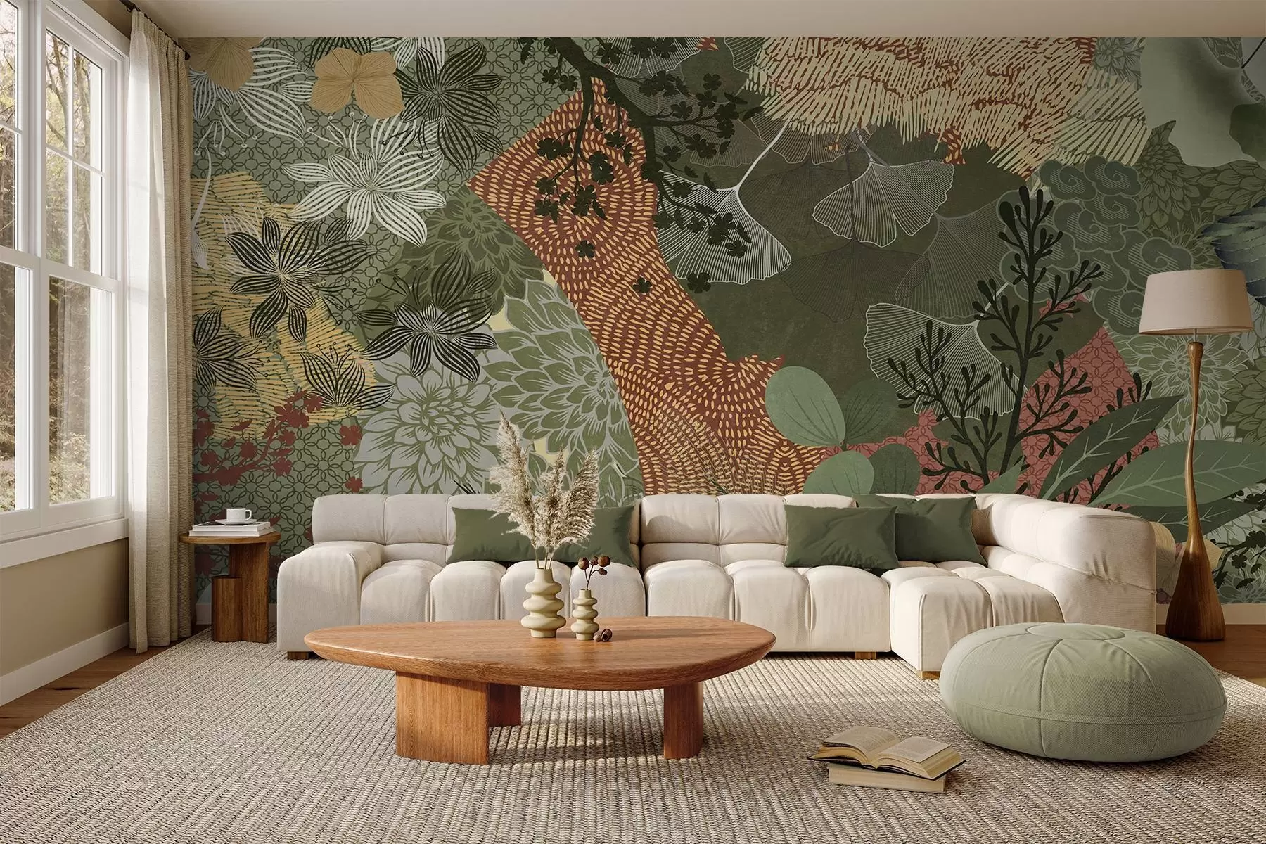 murais de parede Colagem abstrata texturizada de elementos botânicos com folhas, flores e texturas orgânicas, em tons de verde e castanho w09545