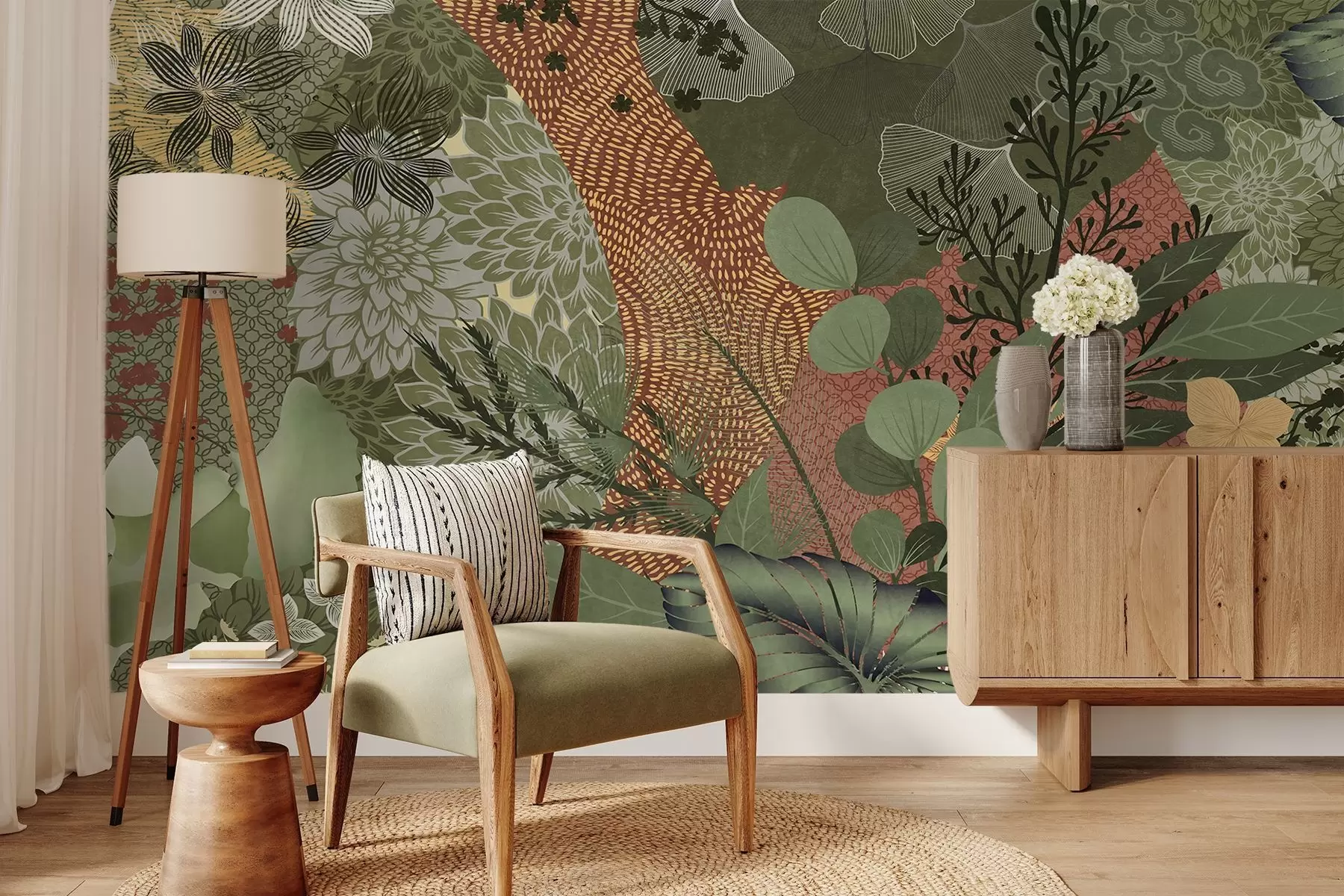 Wall Mural Photo Wallpaper Abstract textured collage of botanical elements with leaves, flowers, and organic textures, in shades of green, brown w09545