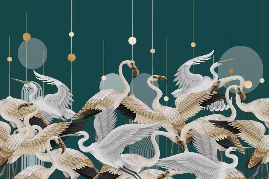 murales Una bandada de flamencos blancos con delicadas alas, sobre un fondo verde azulado oscuro con líneas y círculos amarillos w09546