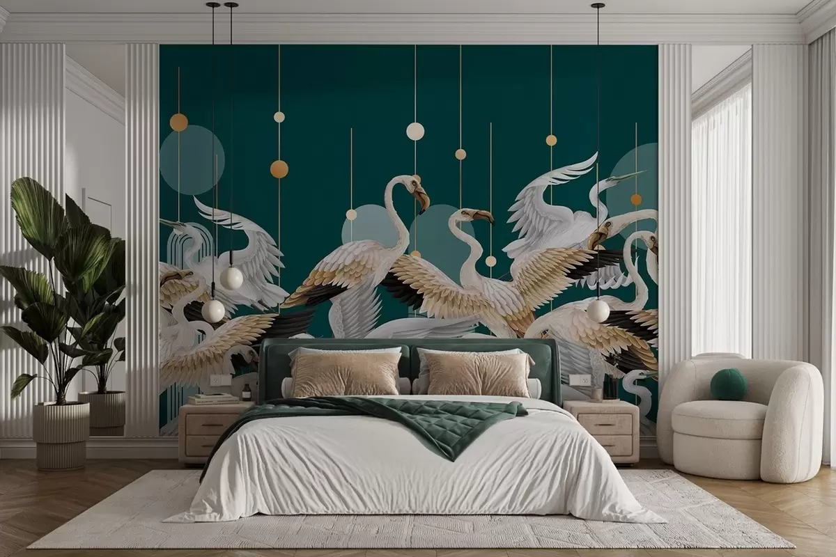 Wall Mural Photo Wallpaper A flock of white flamingos with delicate wings, against a dark teal background with yellow lines and circles w09546