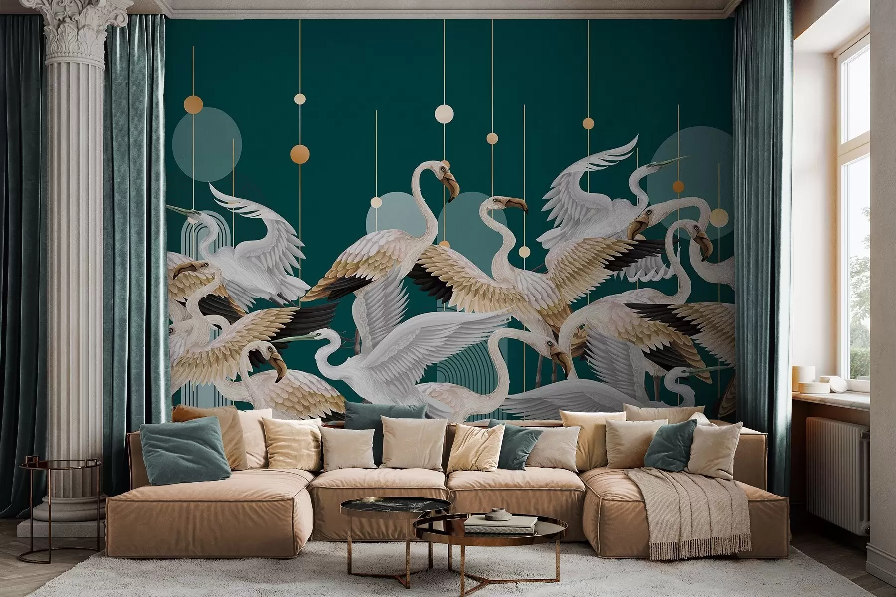 Wall Mural Photo Wallpaper A flock of white flamingos with delicate wings, against a dark teal background with yellow lines and circles w09546
