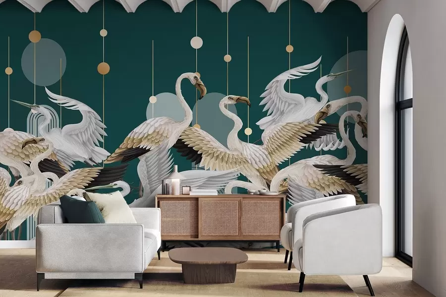 Wall Mural Photo Wallpaper A flock of white flamingos with delicate wings, against a dark teal background with yellow lines and circles w09546