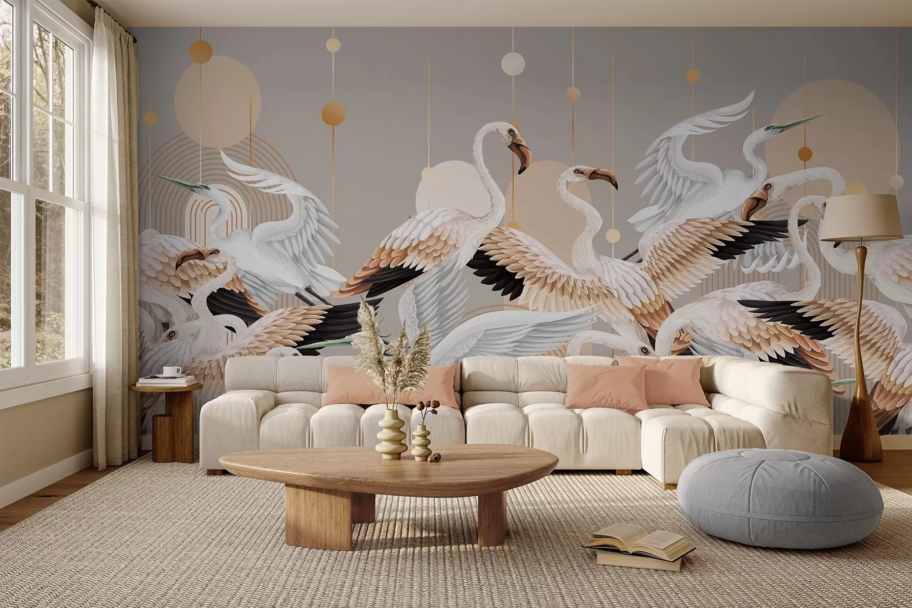 wall murals A flock of white flamingos with delicate wings, against a neutral background with yellow lines and circles w09546v1