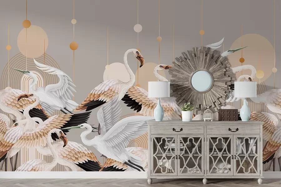 wall murals A flock of white flamingos with delicate wings, against a neutral background with yellow lines and circles w09546v1