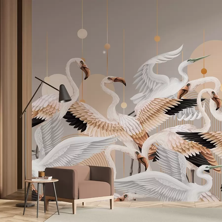 Wall Mural Photo Wallpaper A flock of white flamingos with delicate wings, against a neutral background with yellow lines and circles w09546v1