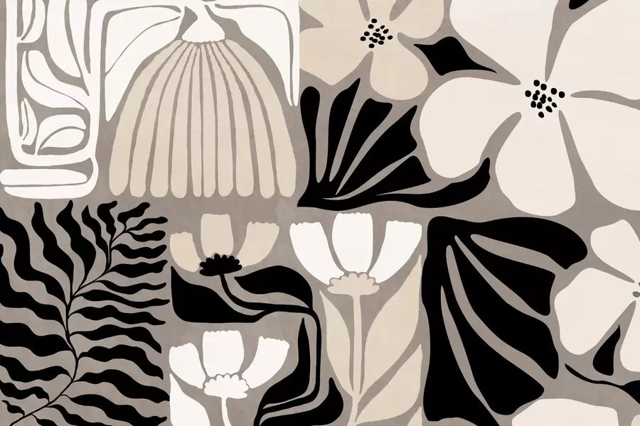 wall murals Modern minimalist stylized flowers and leaves in beige, black and white, textured on a gray background w09547