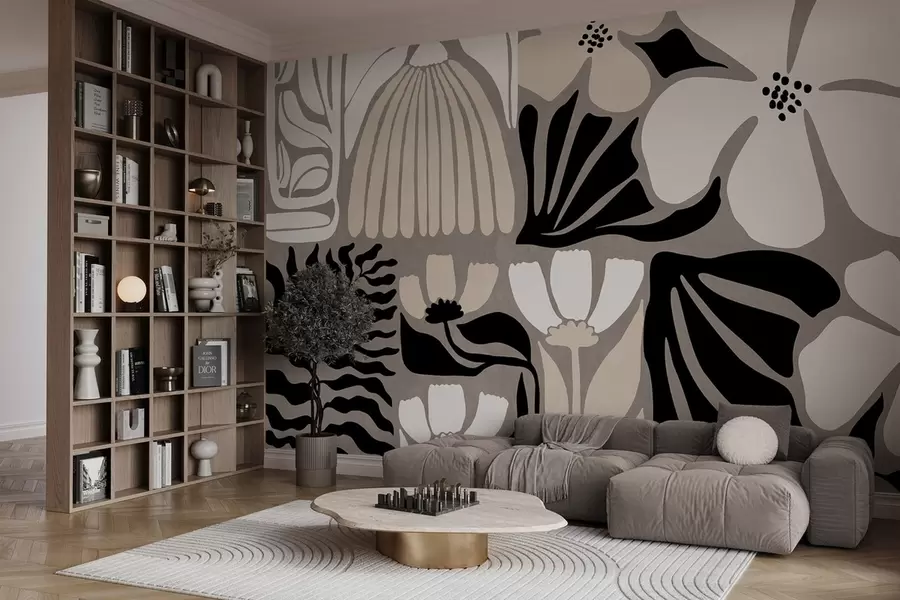 Wall Mural Photo Wallpaper Modern minimalist stylized flowers and leaves in beige, black and white, textured on a gray background w09547