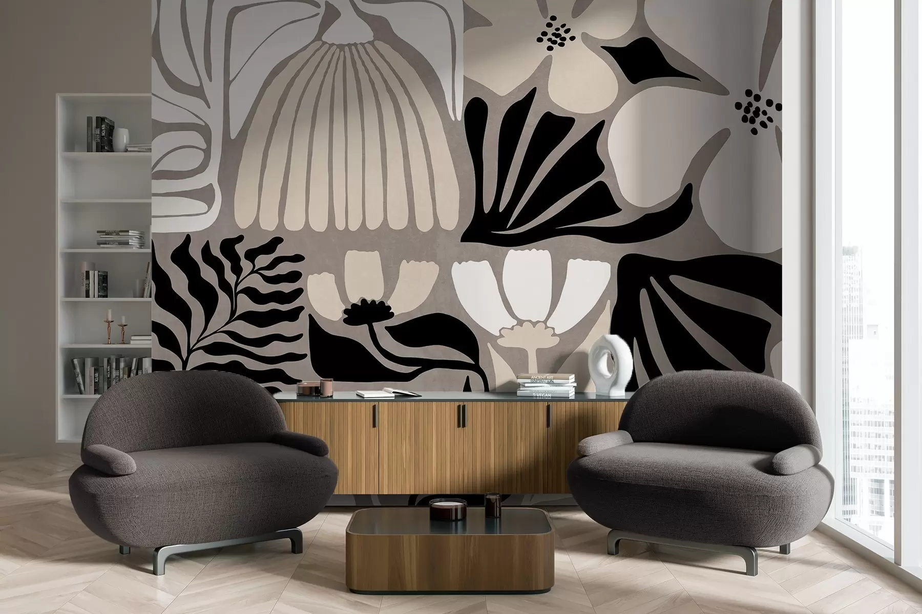 wall murals Modern minimalist stylized flowers and leaves in beige, black and white, textured on a gray background w09547