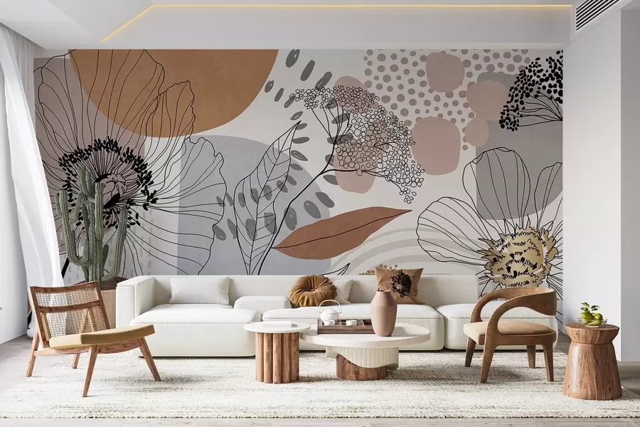 wall murals Abstract floral textured print with line art flowers, leaves and organic shapes in muted brown, beige and gray tones w09548