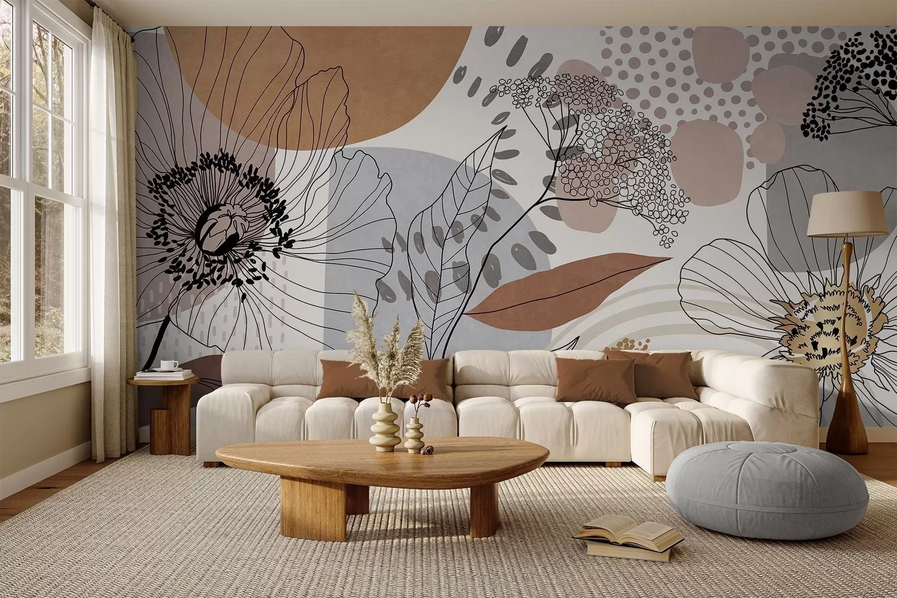 wall murals Abstract floral textured print with line art flowers, leaves and organic shapes in muted brown, beige and gray tones w09548