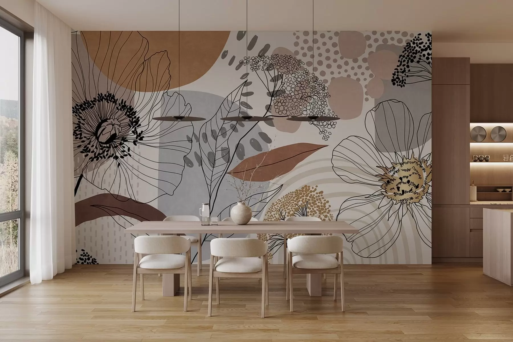 Wall Mural Photo Wallpaper Abstract floral textured print with line art flowers, leaves and organic shapes in muted brown, beige and gray tones w09548