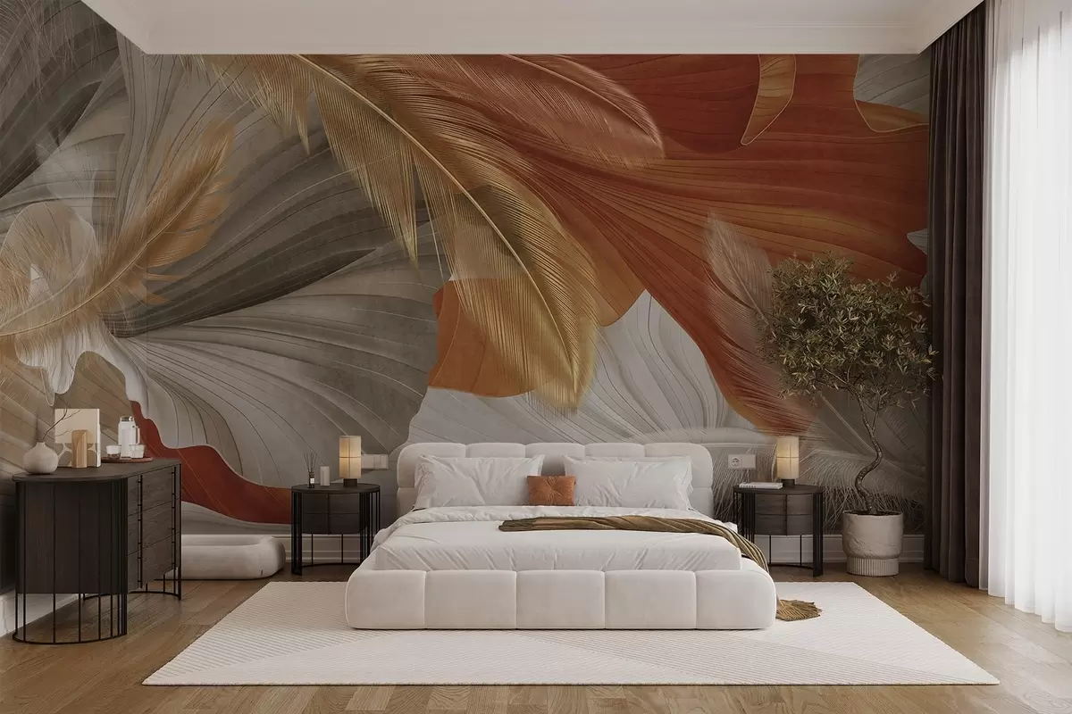 Wall Mural Photo Wallpaper Abstract textured large flowing shapes in cream and rust colors with delicate, yellow, beige and brown feathers w09549