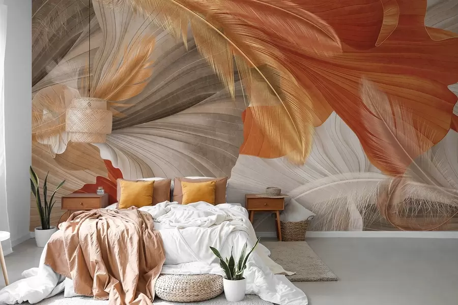 Wall Mural Photo Wallpaper Abstract textured large flowing shapes in cream and rust colors with delicate, yellow, beige and brown feathers w09549