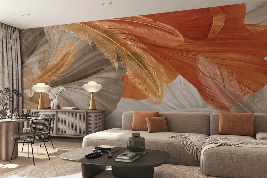 Wall Mural Photo Wallpaper Abstract textured large flowing shapes in cream and rust colors with delicate, yellow, beige and brown feathers w09549