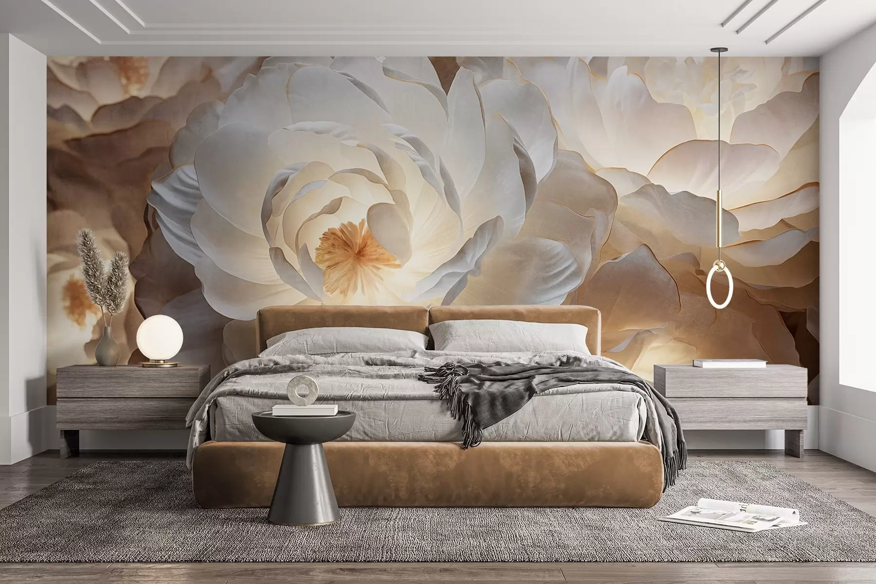 murales Grandes flores de peonía blancas con centros amarillos, iluminación suave y pétalos delicados con textura en capas. w09550