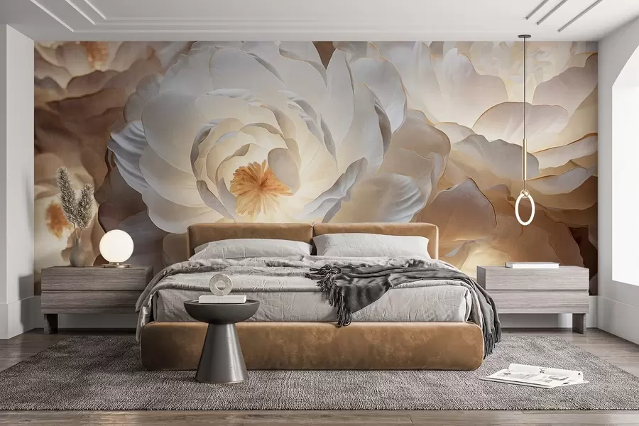 murales Grandes flores de peonía blancas con centros amarillos, iluminación suave y pétalos delicados con textura en capas. w09550