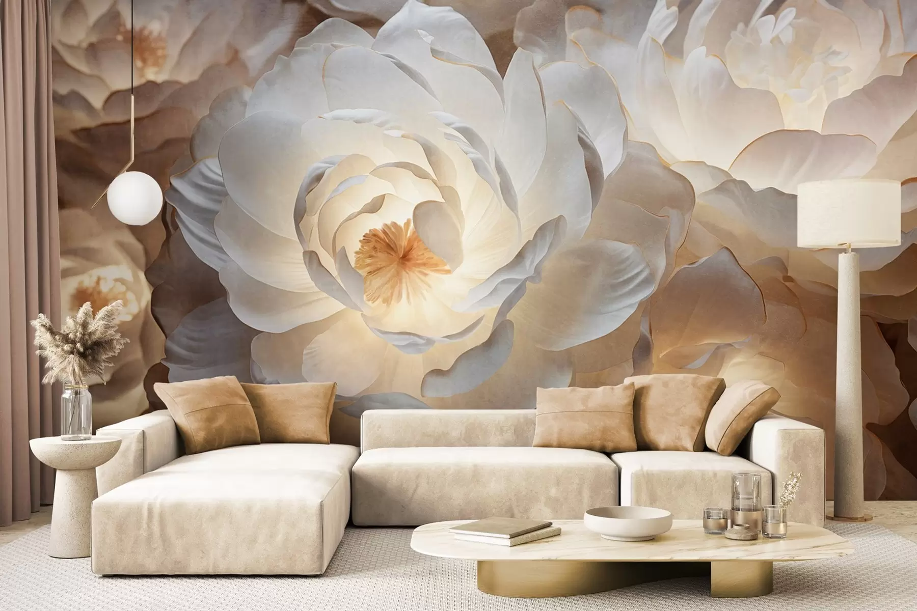 Wall Mural Photo Wallpaper Large, white fantasy peony flowers with yellow centers, soft lighting, and delicate, textured layered petals w09550