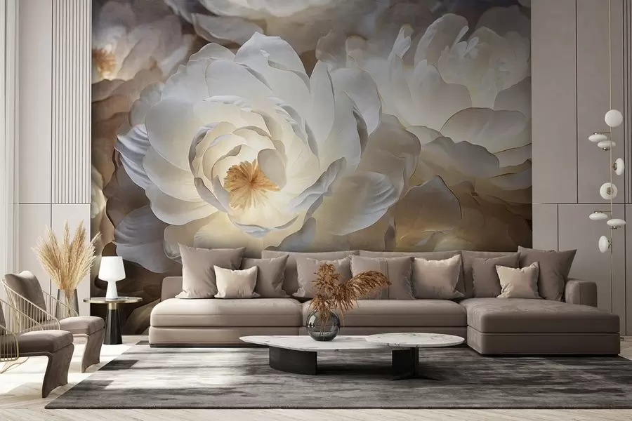 Wall Mural Photo Wallpaper Large, white fantasy peony flowers with yellow centers, soft lighting, and delicate, textured layered petals w09550