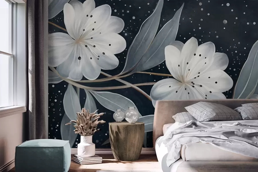 Wall Mural Photo Wallpaper Fantasy textured white flowers, surrounded by blue-green leaves and branches against a dark background w09551