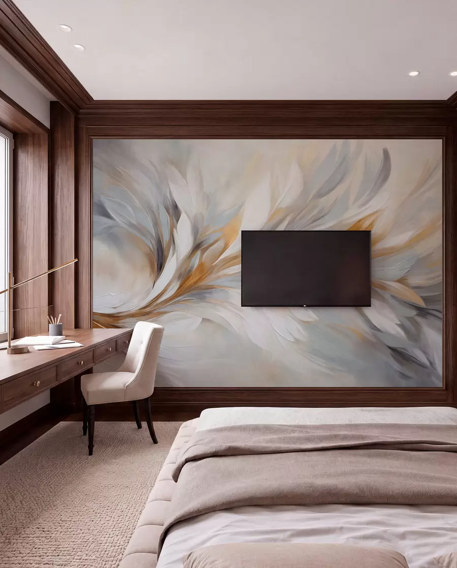 wall murals Abstract painting style with white, yellow and gray textured brushstrokes with a soft, light background w09552