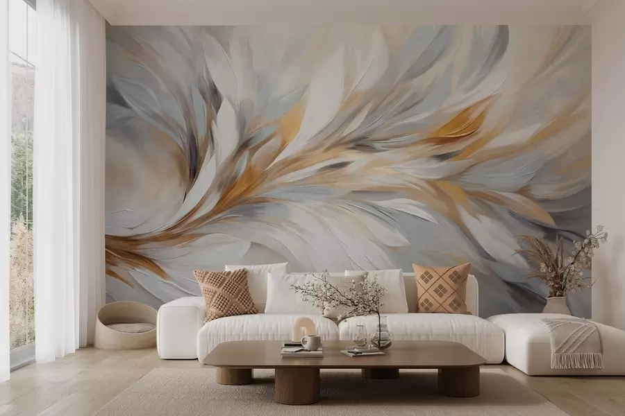 murales Estilo de pintura abstracta con pinceladas texturizadas en blanco, amarillo y gris sobre un fondo suave y claro w09552