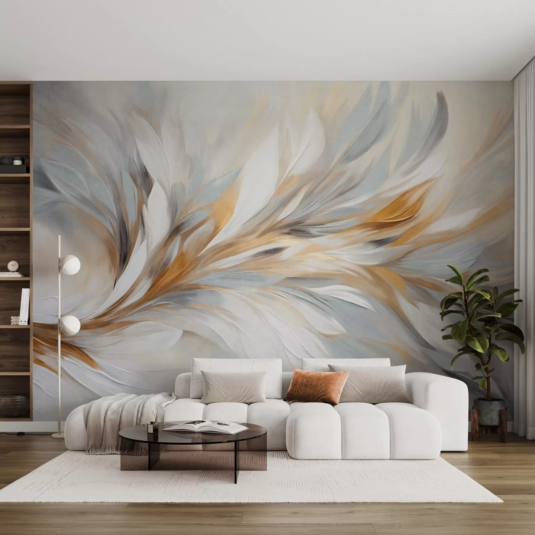 Wall Mural Photo Wallpaper Abstract painting style with white, yellow and gray textured brushstrokes with a soft, light background w09552