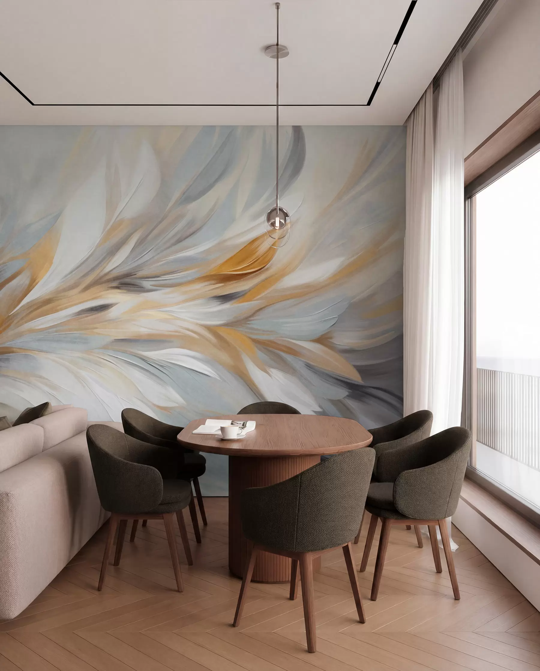 Wall Mural Photo Wallpaper Abstract painting style with white, yellow and gray textured brushstrokes with a soft, light background w09552