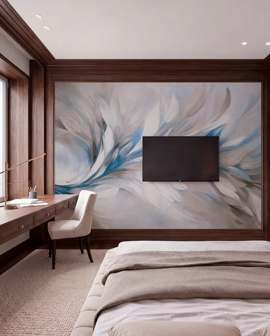 wall murals Abstract painting style with white, blue and gray textured brushstrokes with a soft, light background w09552v1