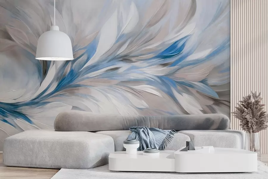 Wall Mural Photo Wallpaper Abstract painting style with white, blue and gray textured brushstrokes with a soft, light background w09552v1