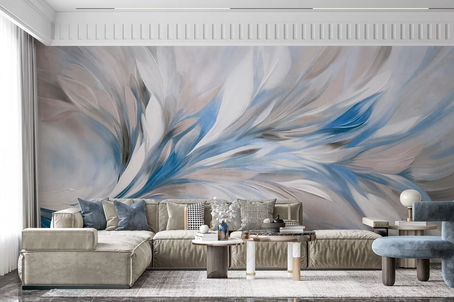 Wall Mural Photo Wallpaper Abstract painting style with white, blue and gray textured brushstrokes with a soft, light background w09552v1
