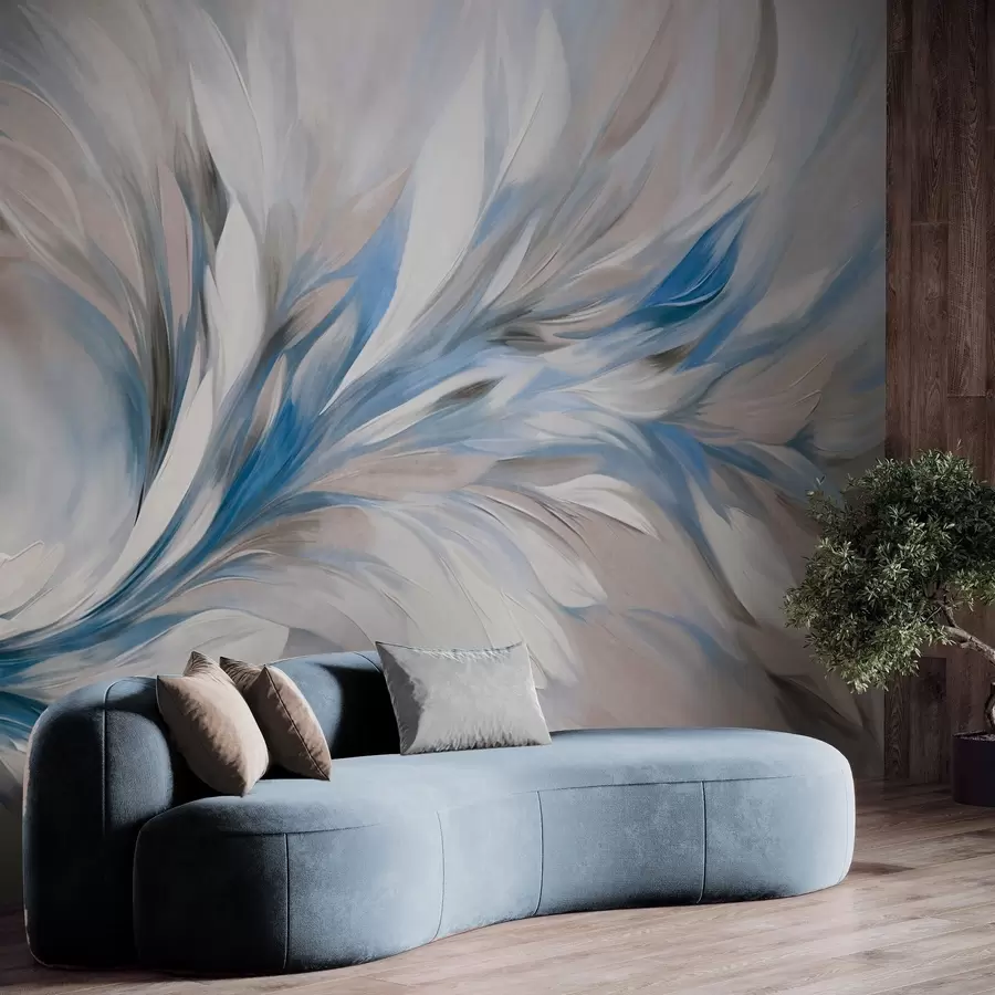 wall murals Abstract painting style with white, blue and gray textured brushstrokes with a soft, light background w09552v1