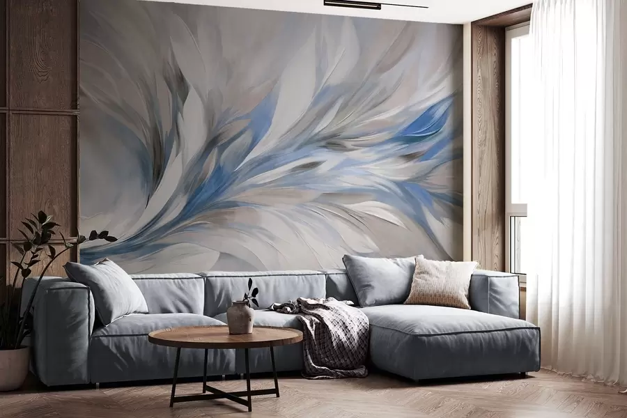 wall murals Abstract painting style with white, blue and gray textured brushstrokes with a soft, light background w09552v1