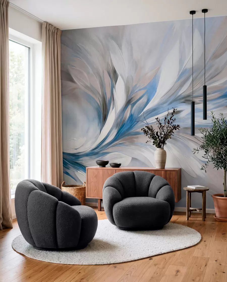 wall murals Abstract painting style with white, blue and gray textured brushstrokes with a soft, light background w09552v1