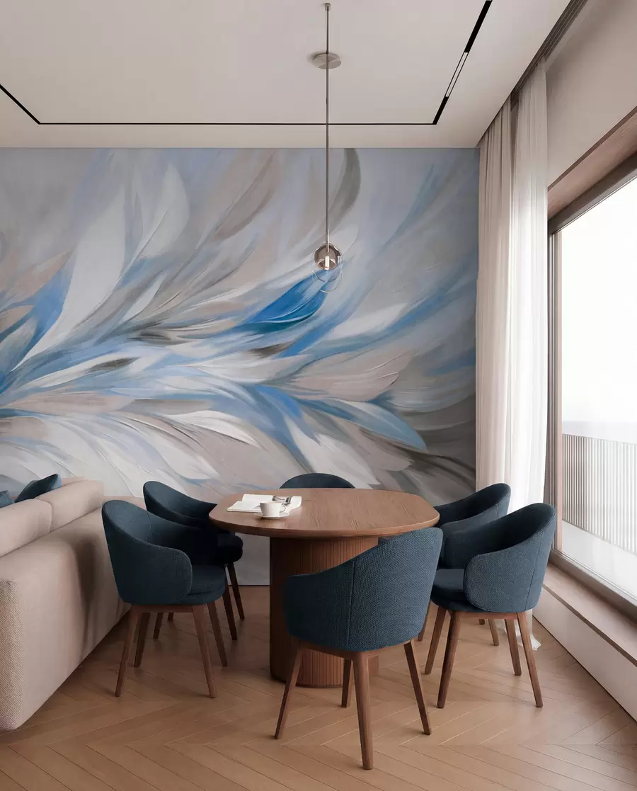 wall murals Abstract painting style with white, blue and gray textured brushstrokes with a soft, light background w09552v1